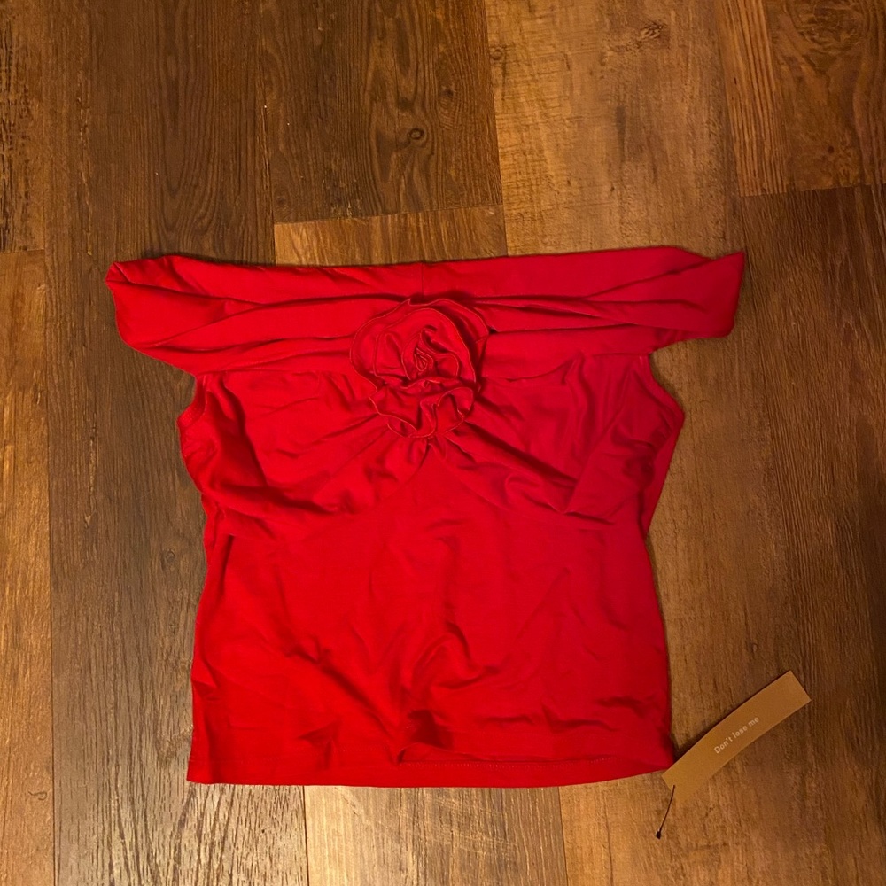 Reformation Red Off-Shoulder Rose Detail Top